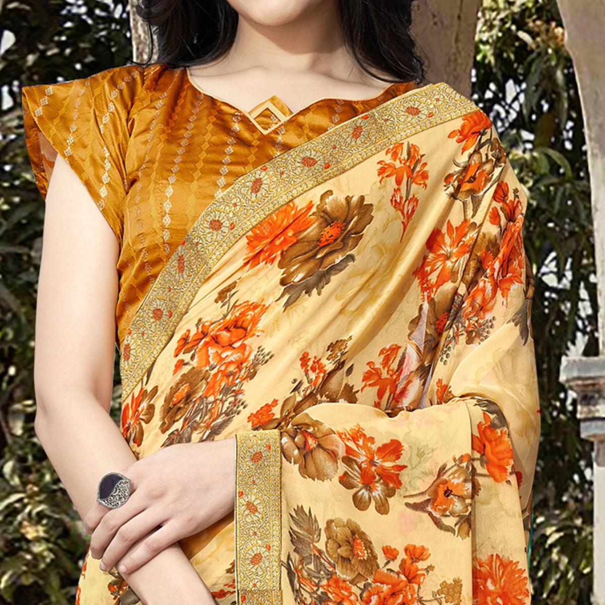 Cream Casual Wear Floral Printed Georgette Saree With Lace Border - Peachmode