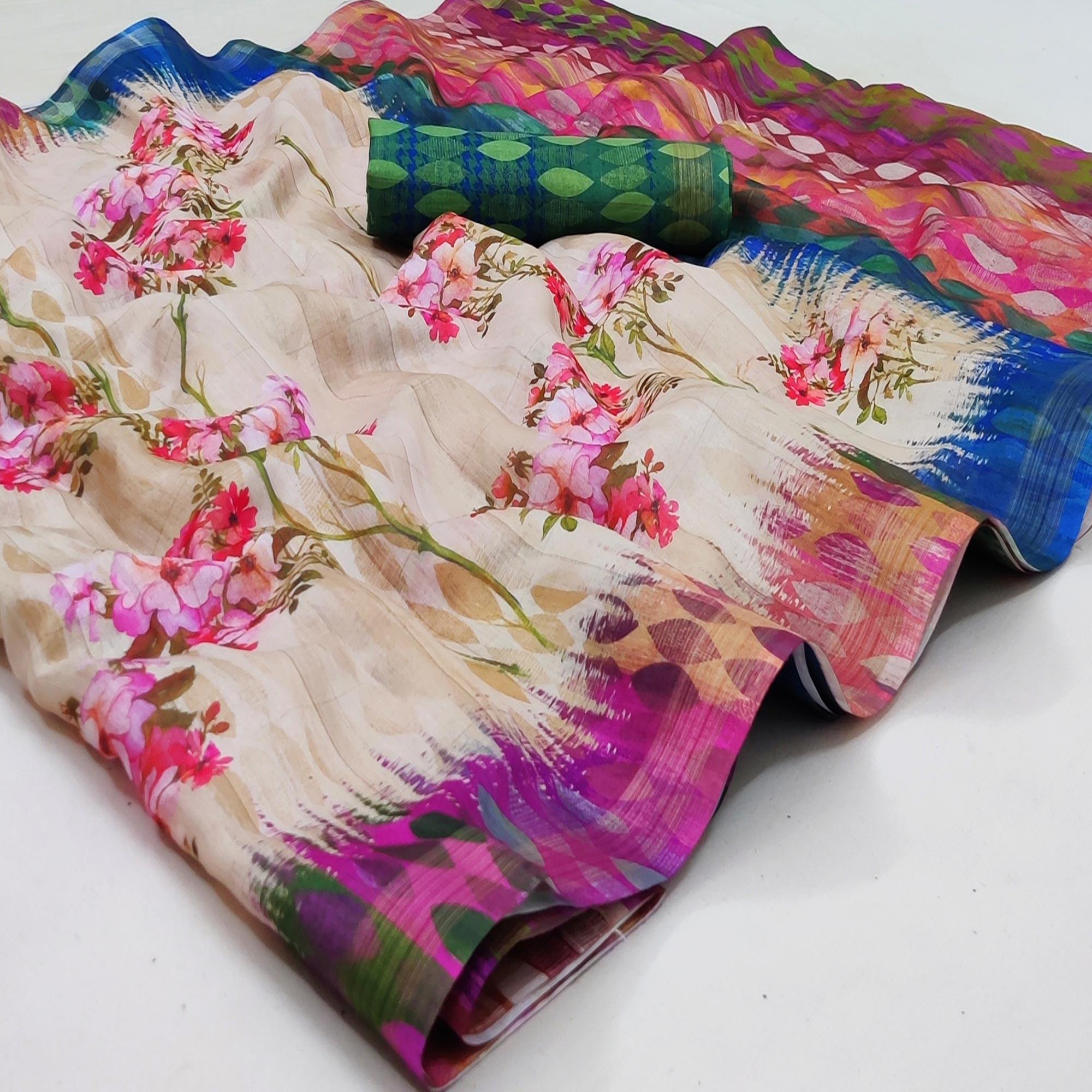 Cream Casual Wear Floral Printed Silk Saree - Peachmode