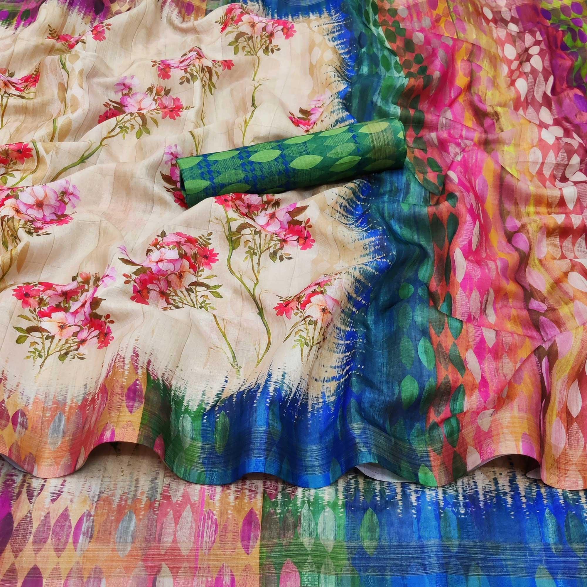 Cream Casual Wear Floral Printed Silk Saree - Peachmode