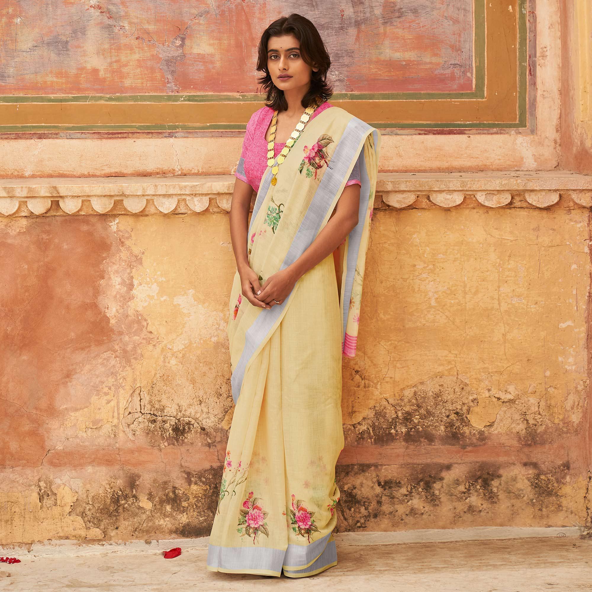 Cream  Casual Wear Floral Printed Zari Border Soft Linen Cotton Saree - Peachmode