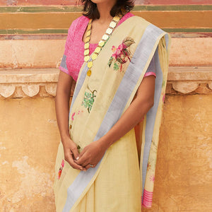 Cream  Casual Wear Floral Printed Zari Border Soft Linen Cotton Saree - Peachmode