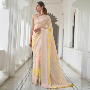 Cream Casual Wear Foil Printed Georgette Saree With Jacquard Border - Peachmode