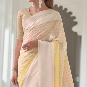 Cream Casual Wear Foil Printed Georgette Saree With Jacquard Border - Peachmode