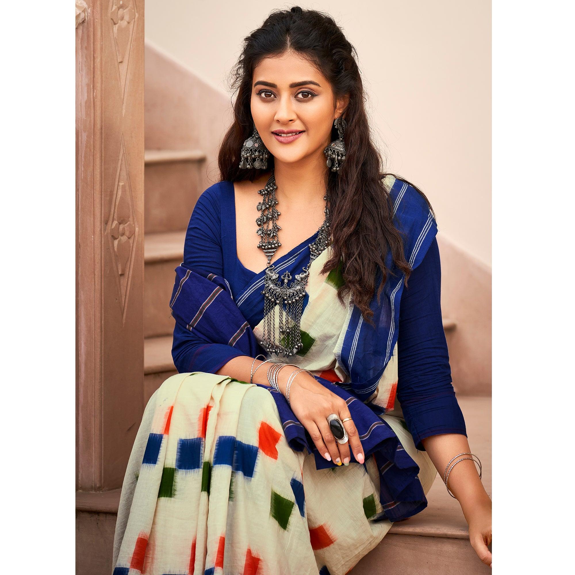 Cream Casual Wear Ikkat Printed Cotton Saree - Peachmode