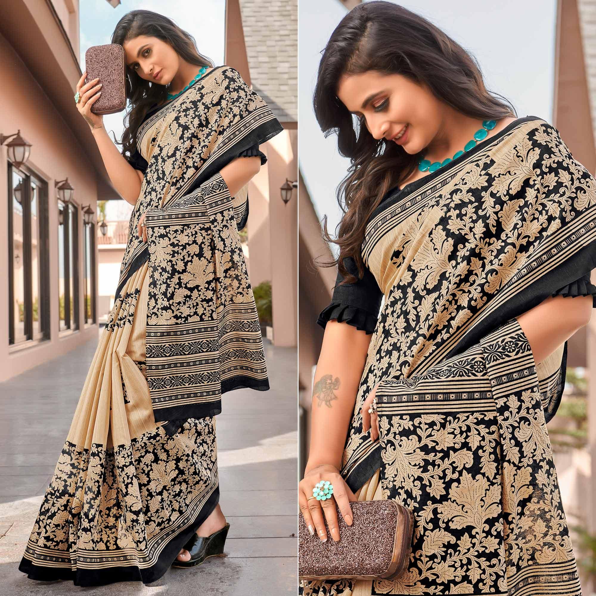 Cream Casual Wear Printed Bhagalpuri Sarees - Peachmode