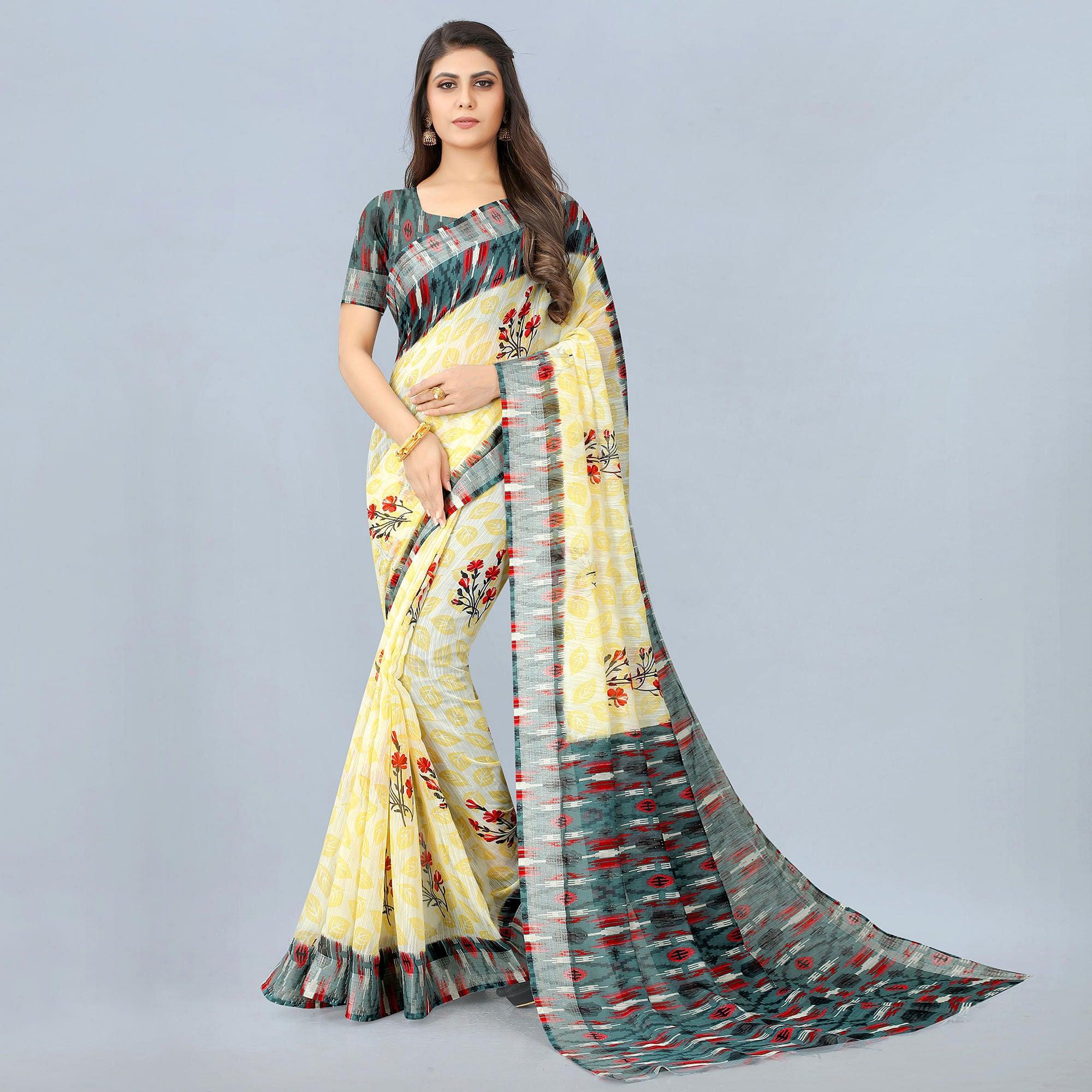 Cream Casual  Wear Printed Chanderi Silk Saree - Peachmode