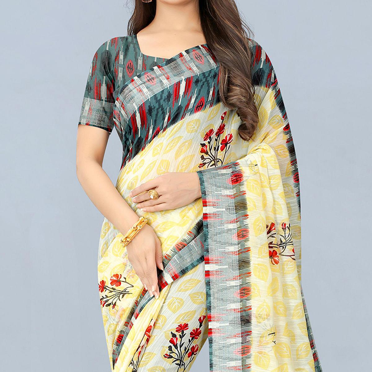 Cream Casual  Wear Printed Chanderi Silk Saree - Peachmode