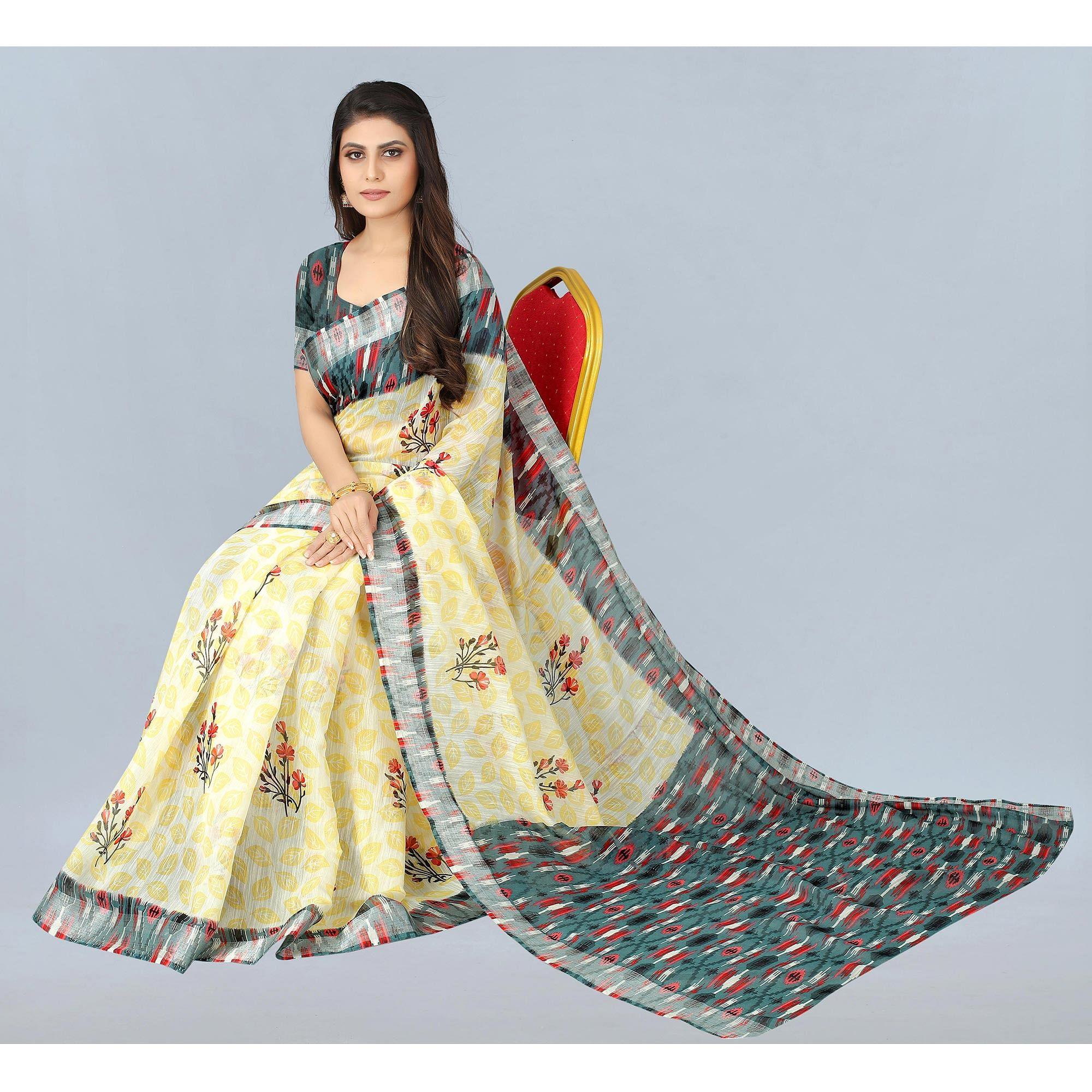 Cream Casual  Wear Printed Chanderi Silk Saree - Peachmode