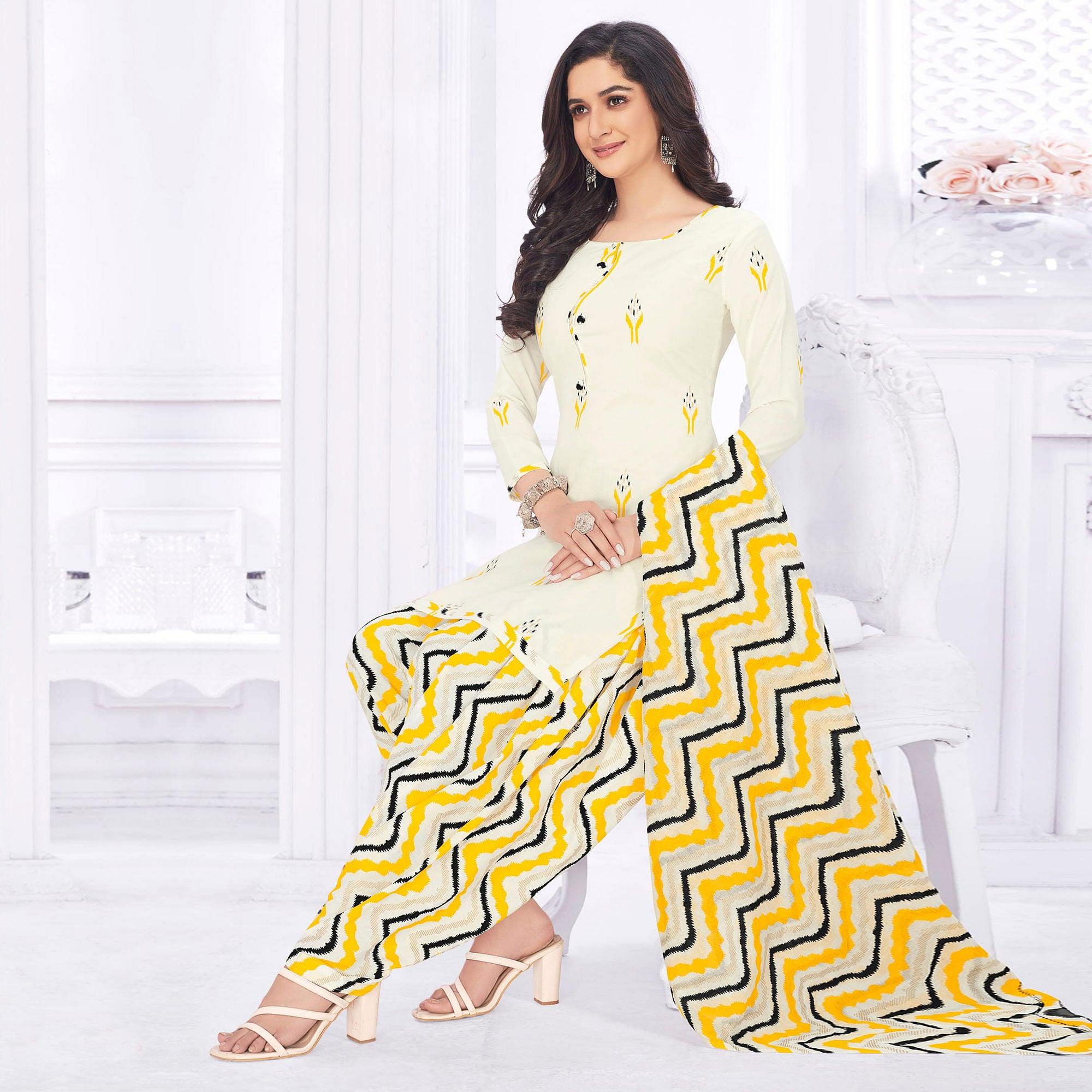 Cream Casual Wear Printed Cotton Dress Material Cream Casual Wear Printed Cotton Dress Material