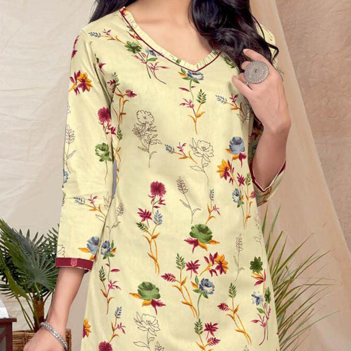 Cream Casual Wear Printed Cotton Dress Material - Peachmode