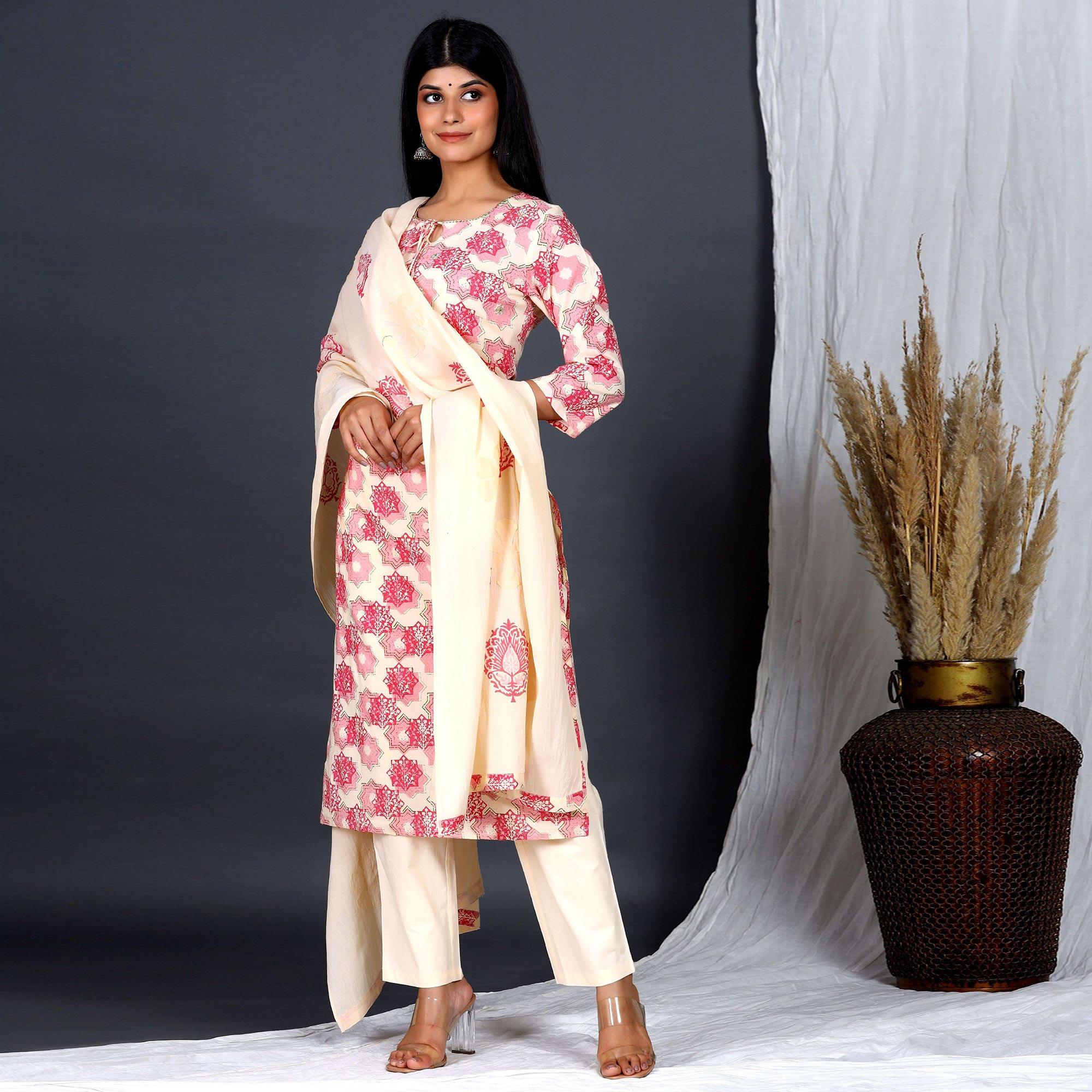 Cream Casual Wear Printed Cotton Kurti - Pant Set With Dupatta - Peachmode