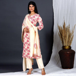 Cream Casual Wear Printed Cotton Kurti - Pant Set With Dupatta - Peachmode