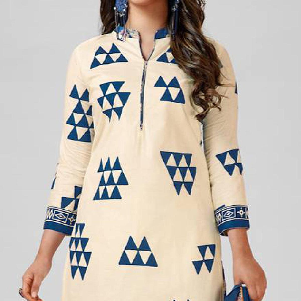 Cream Casual Wear Printed Cotton Patiala Dress Material - Peachmode