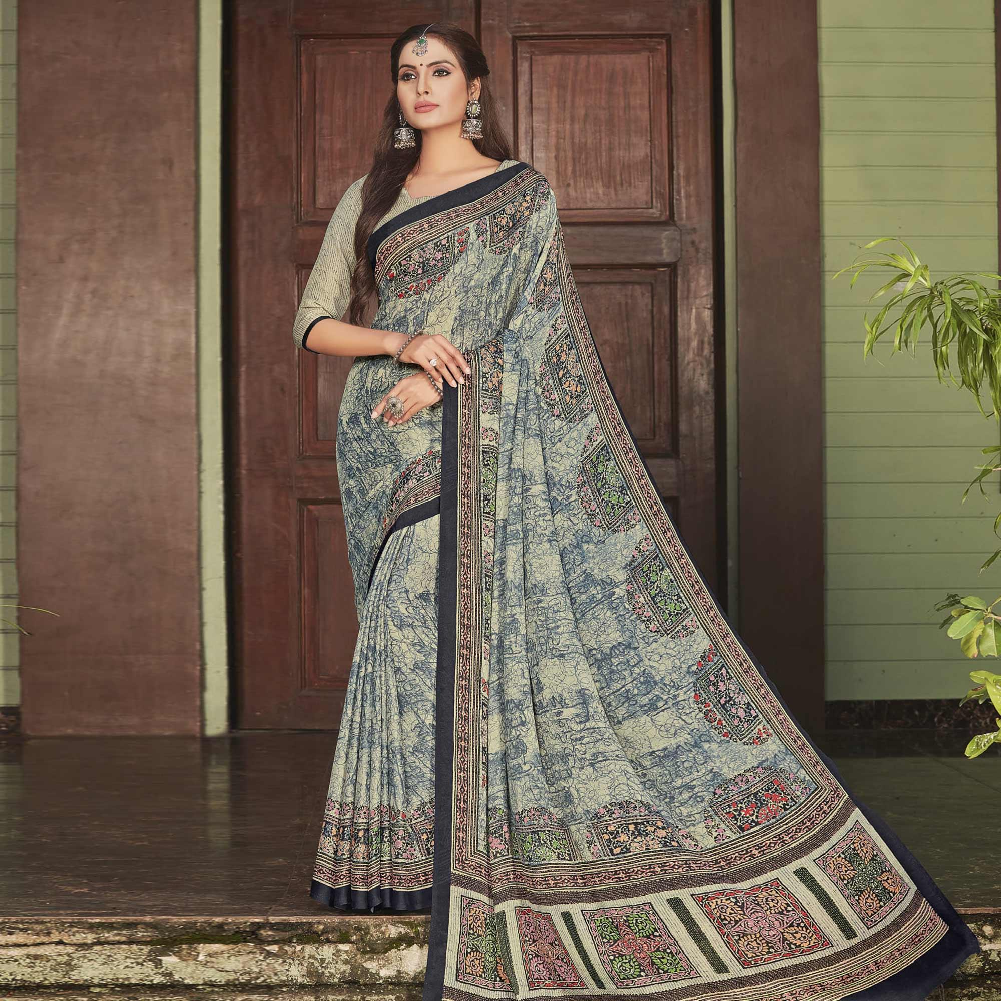 Cream Casual Wear Printed Crepe Saree - Peachmode