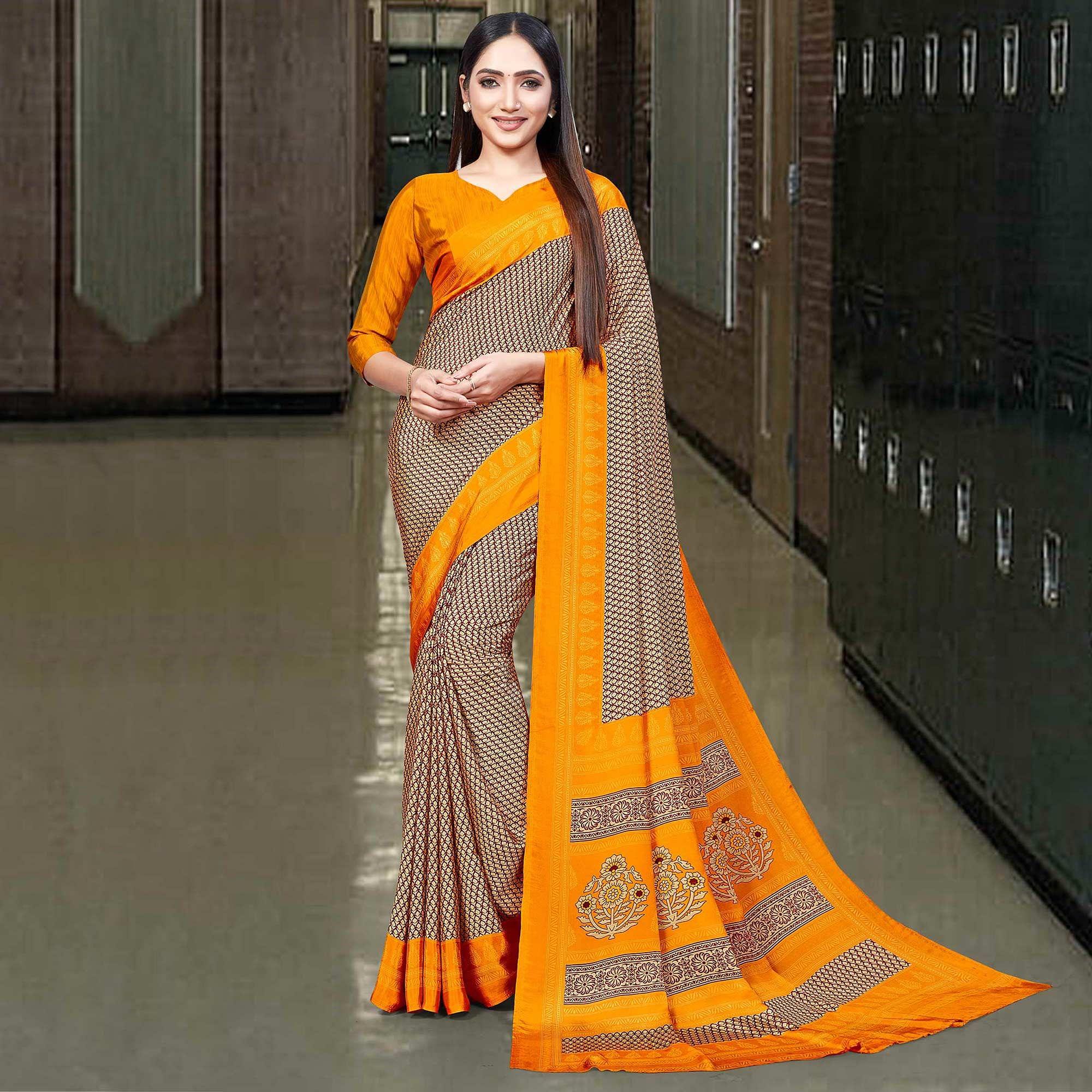 Cream Casual Wear Printed Silk Saree - Peachmode