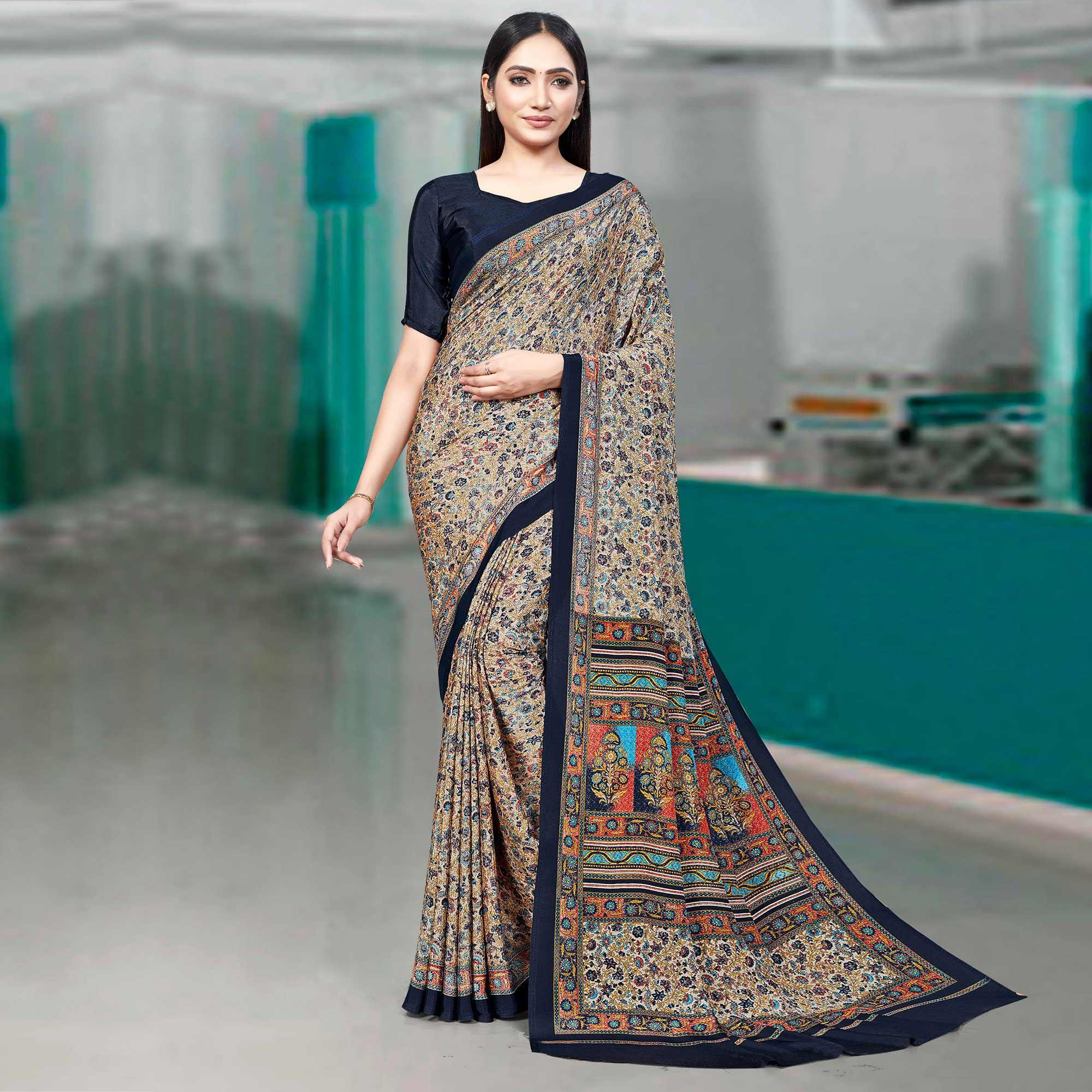 Cream Casual Wear Printed Silk Saree - Peachmode