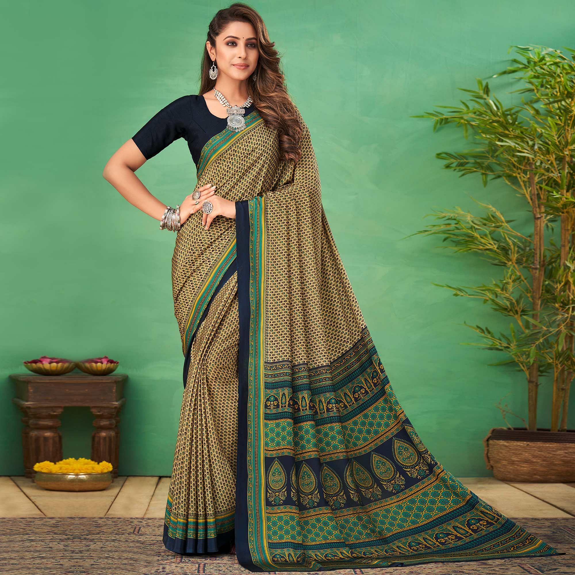 Cream Casual Wear Printed Silk Saree - Peachmode