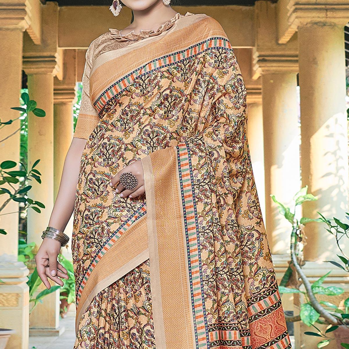 Cream Casual Wear Printed Silk Saree - Peachmode