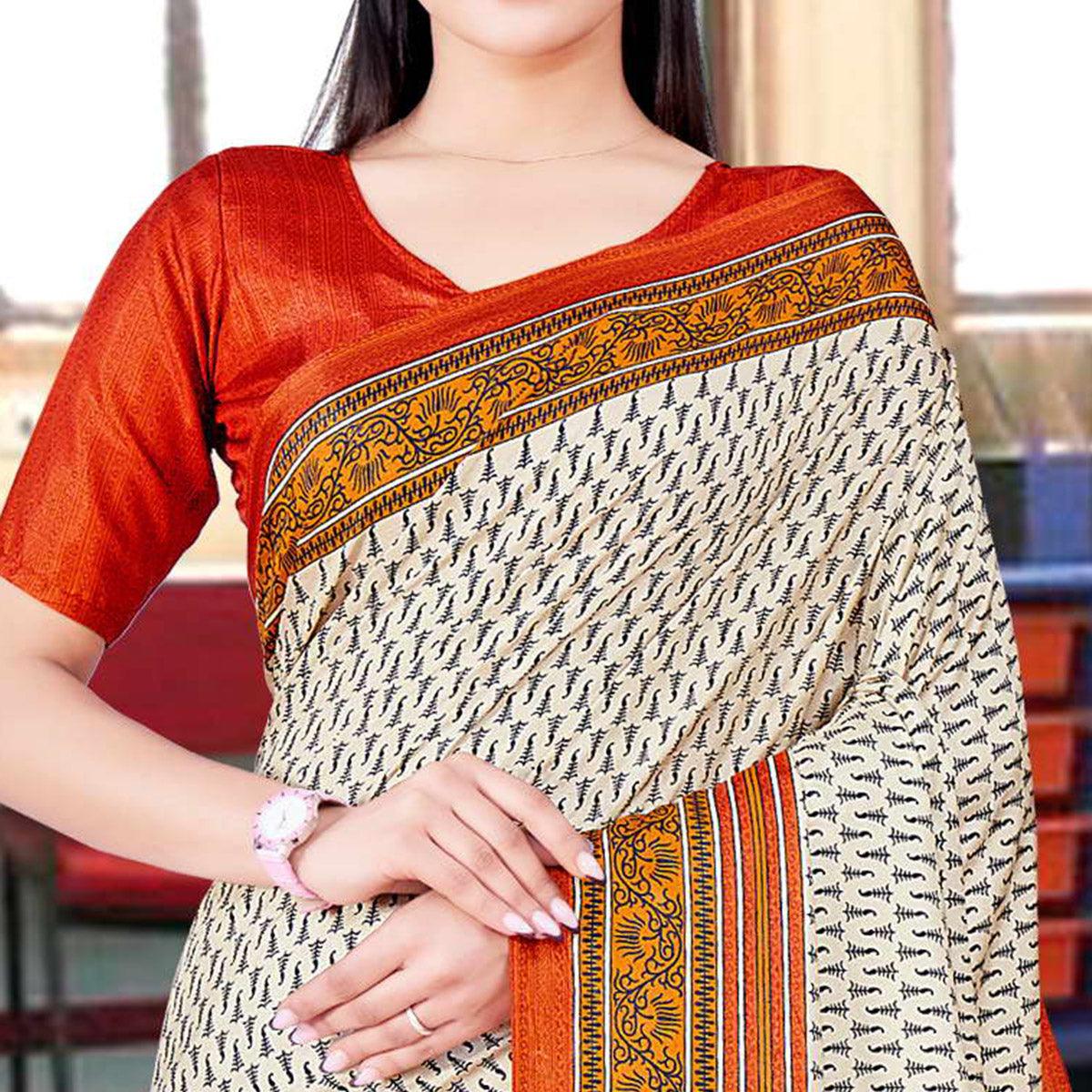 Cream Casual Wear Printed Silk Saree - Peachmode
