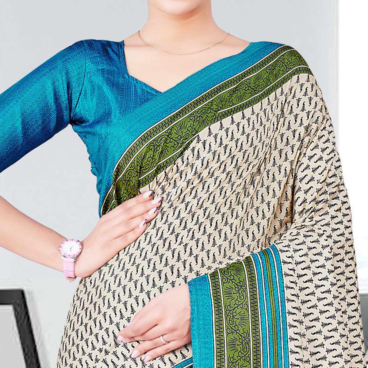 Cream Casual Wear Printed Silk Saree - Peachmode