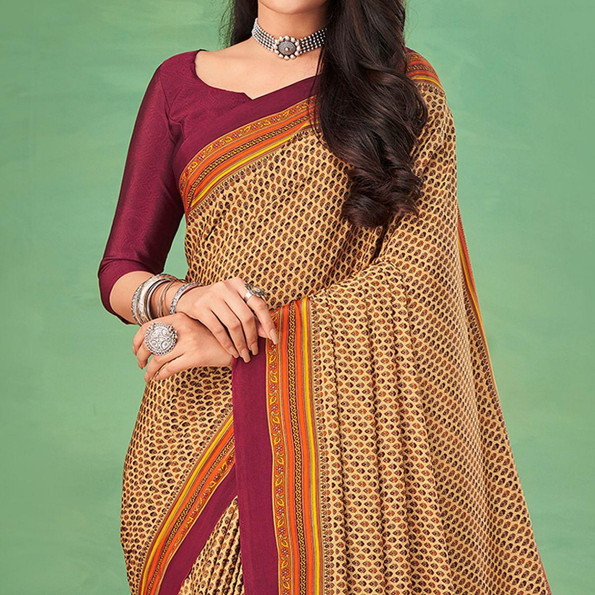 Cream Casual Wear Printed Silk Saree - Peachmode