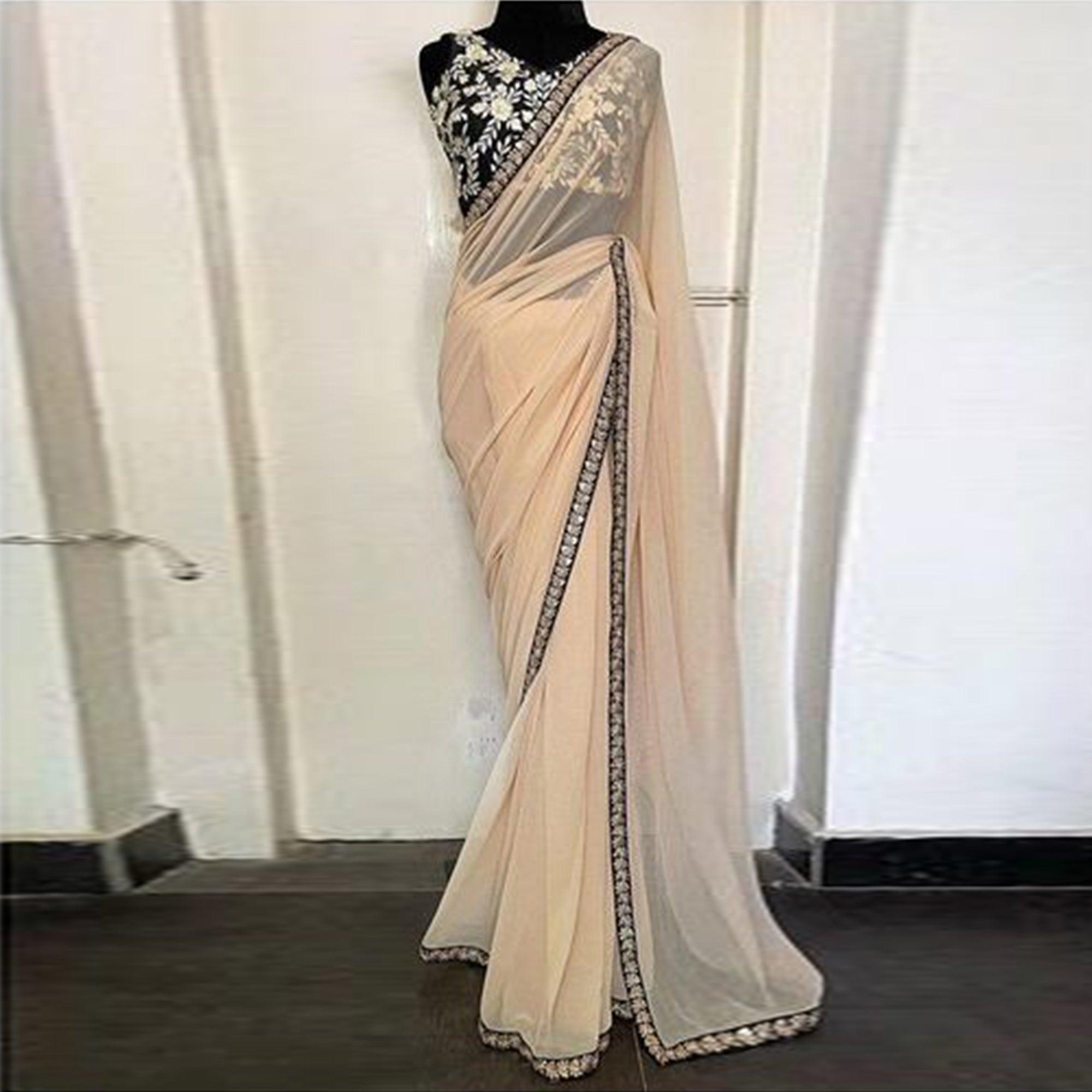 Cream Casual Wear Sequence Embroidered Georgette Saree - Peachmode