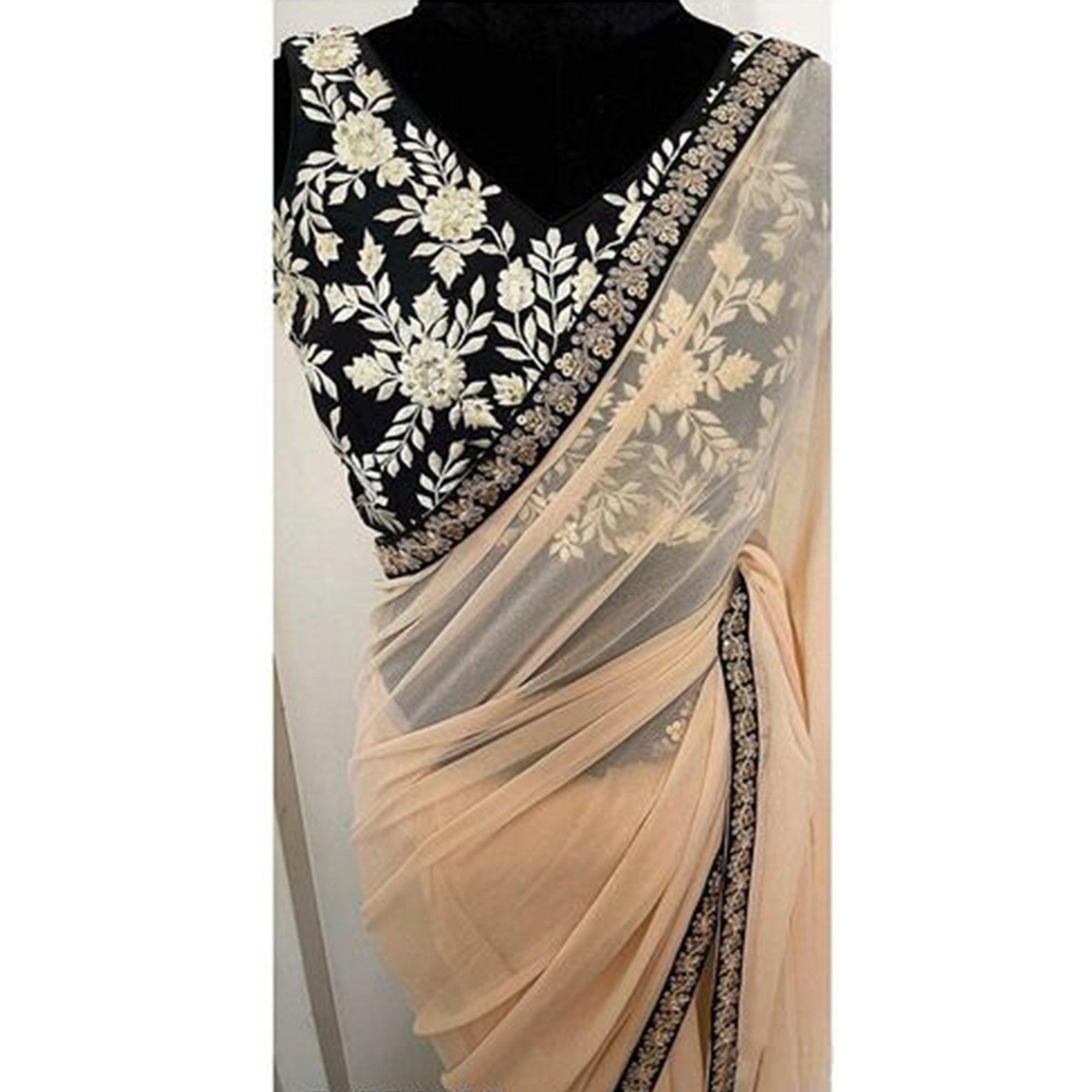 Cream Casual Wear Sequence Embroidered Georgette Saree - Peachmode