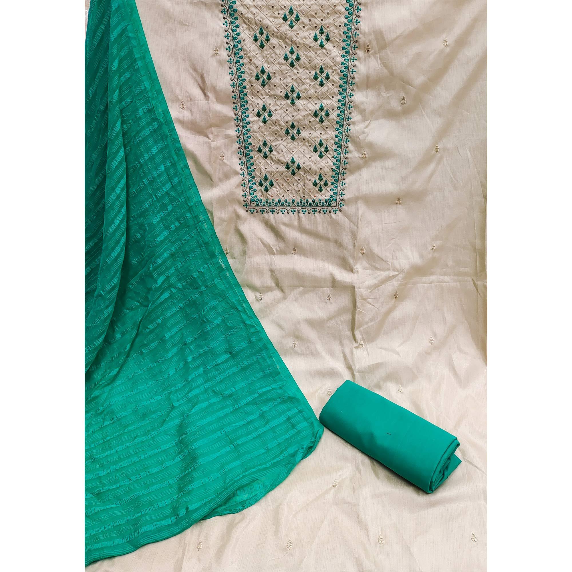 Cream Casual Wear Sequence Embroidered Silk Dress Material - Peachmode