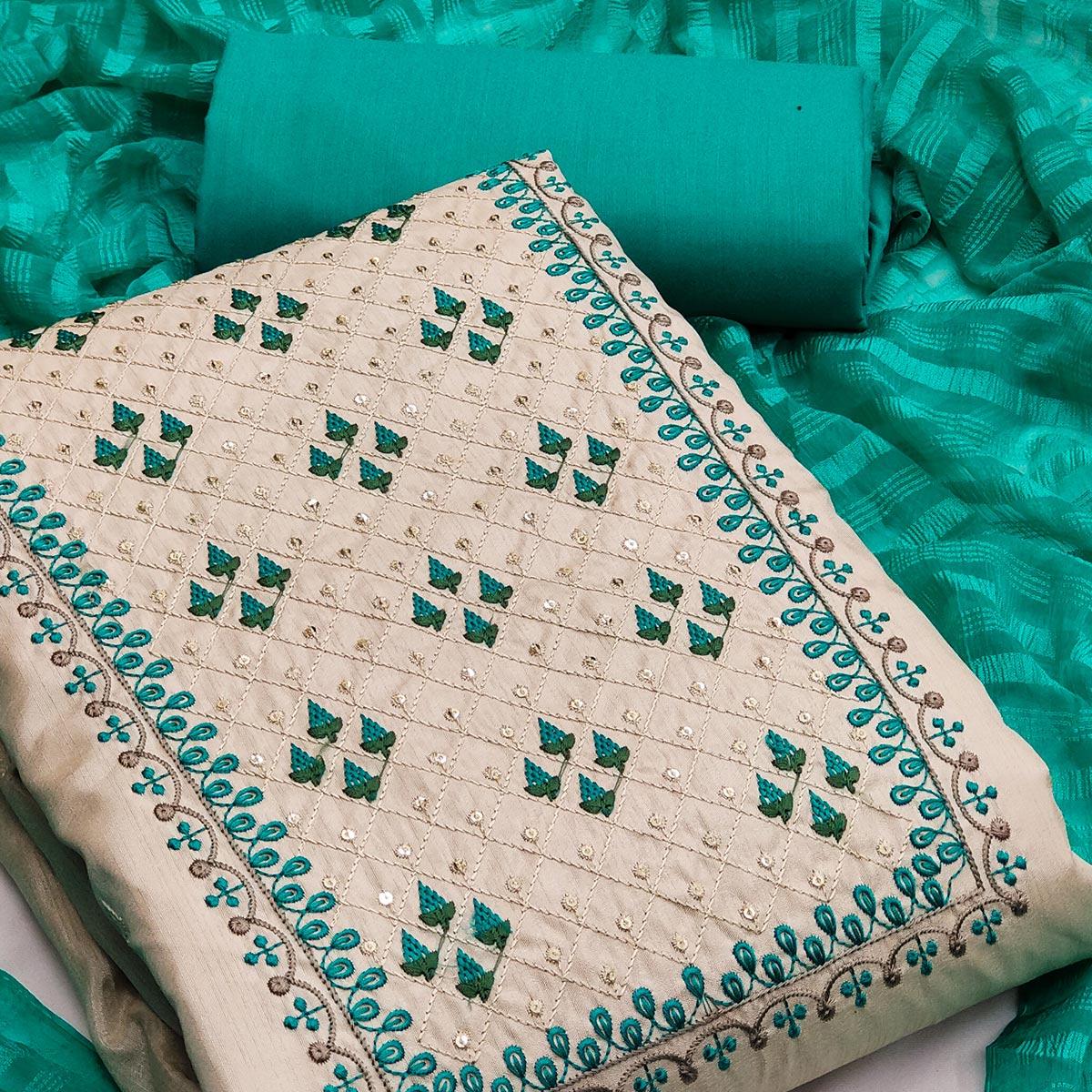 Cream Casual Wear Sequence Embroidered Silk Dress Material - Peachmode