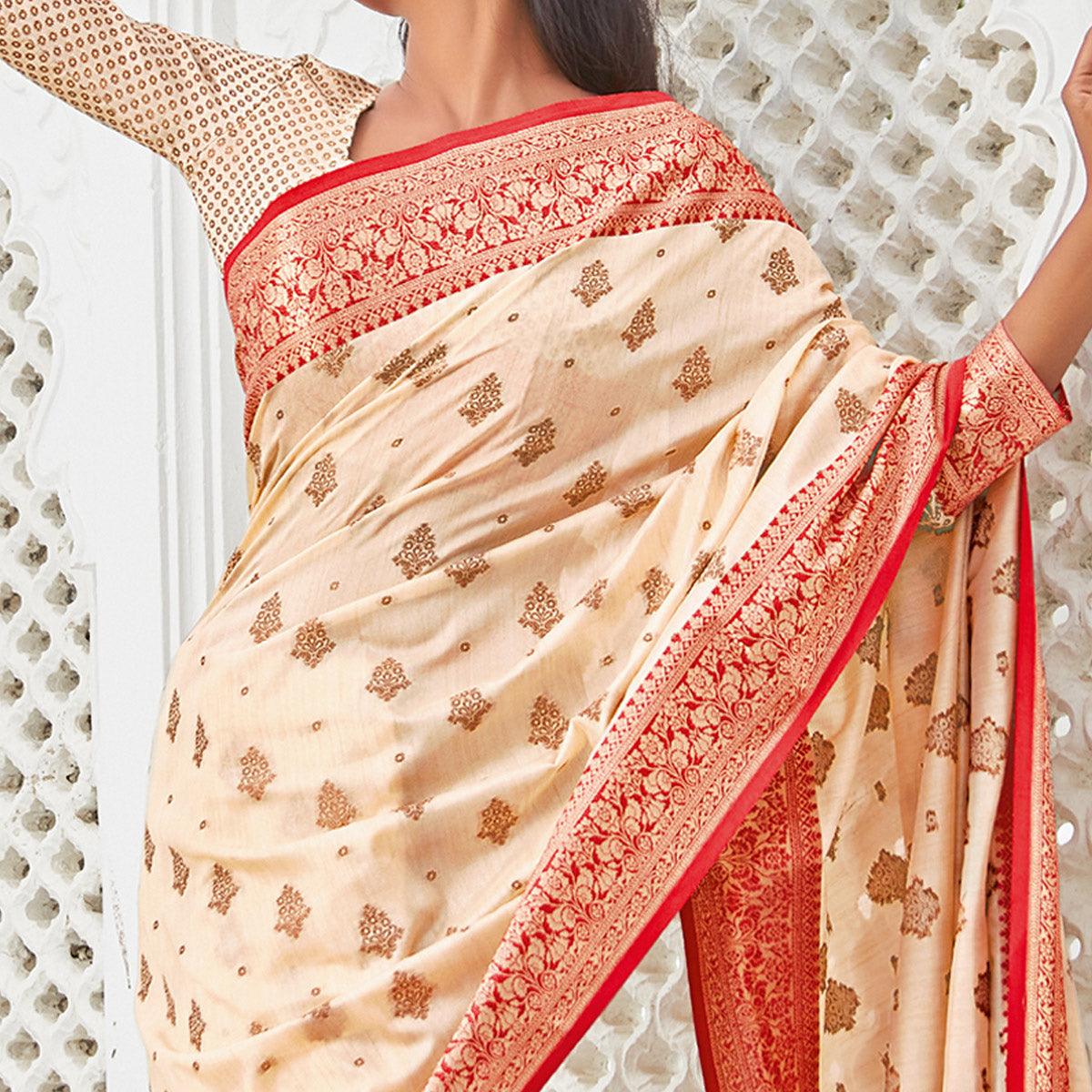 Cream Casual Wear Woven Cotton Handloom Saree - Peachmode
