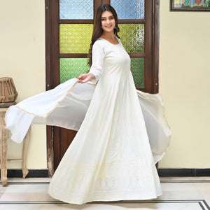 Cream Chikankari Embroidered Georgette Gown - Peachmode