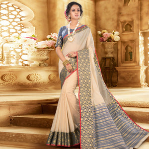Cream Colored Festive Wear Woven Jute Saree - Peachmode