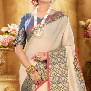 Cream Colored Festive Wear Woven Jute Saree - Peachmode