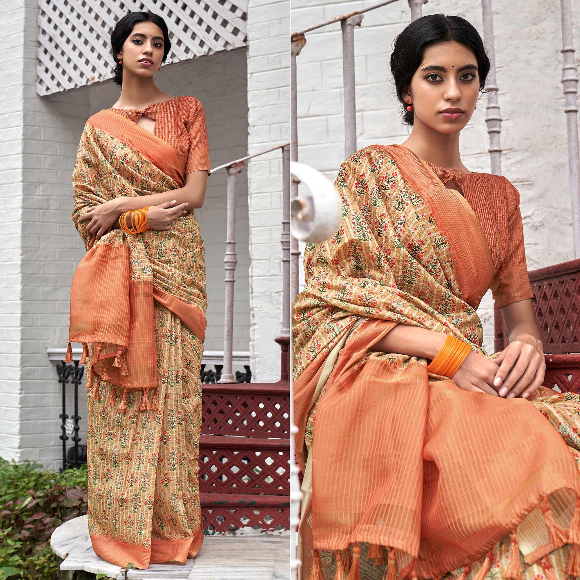 Cream Digital Printed Art Silk Saree - Peachmode