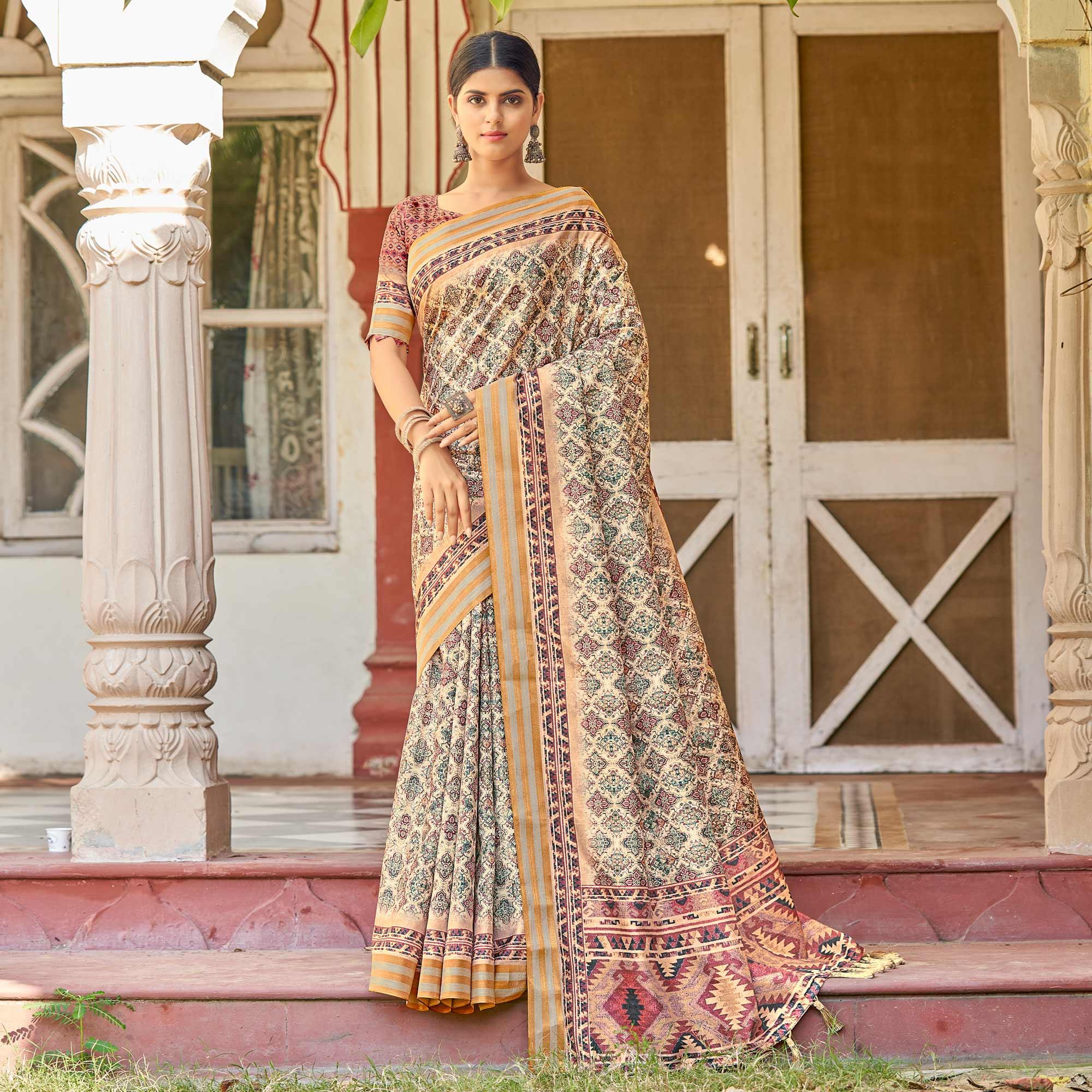 Cream Digital Printed Art Silk Saree - Peachmode