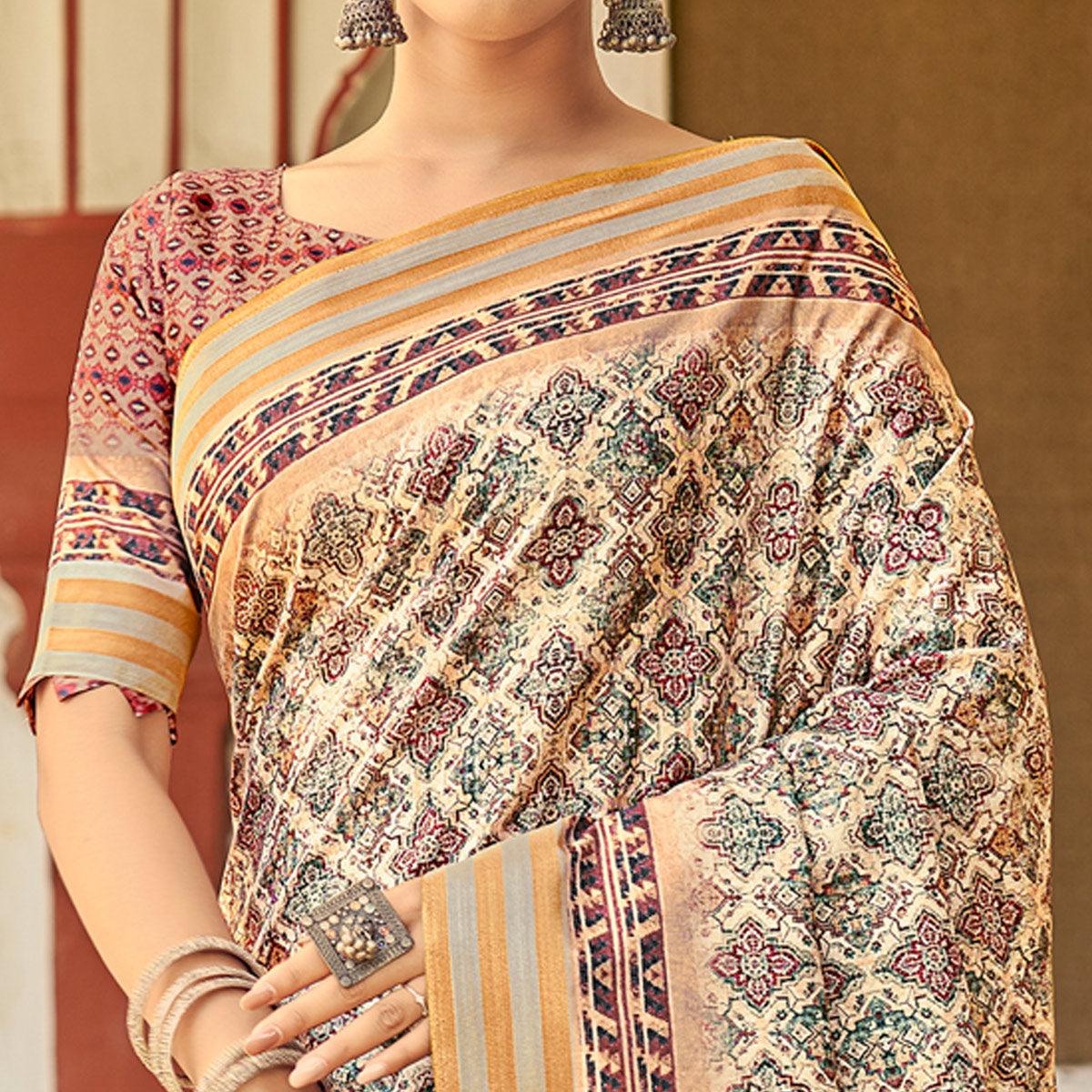 Cream Digital Printed Art Silk Saree - Peachmode