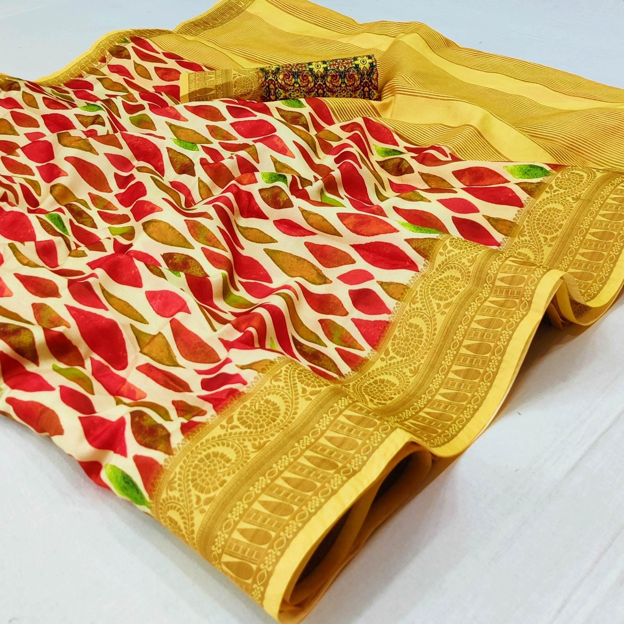 Cream Digital Printed Dola Silk Saree - Peachmode