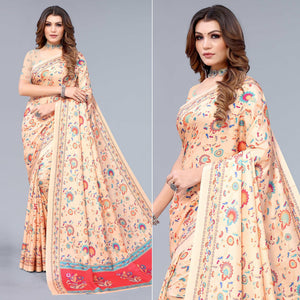 Cream Digital Printed Dola Silk Saree - Peachmode