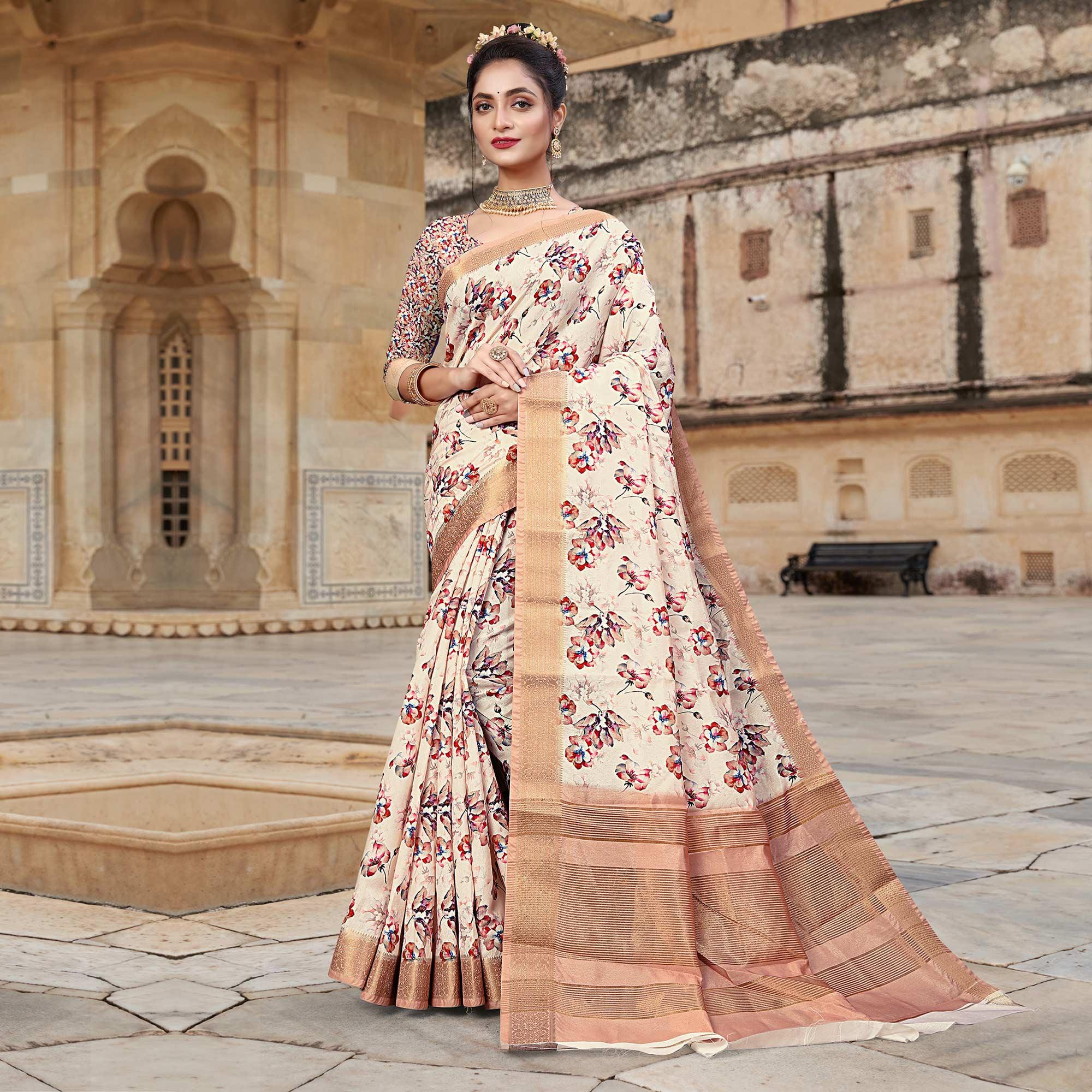 Cream Digital Printed Dola Silk Saree - Peachmode
