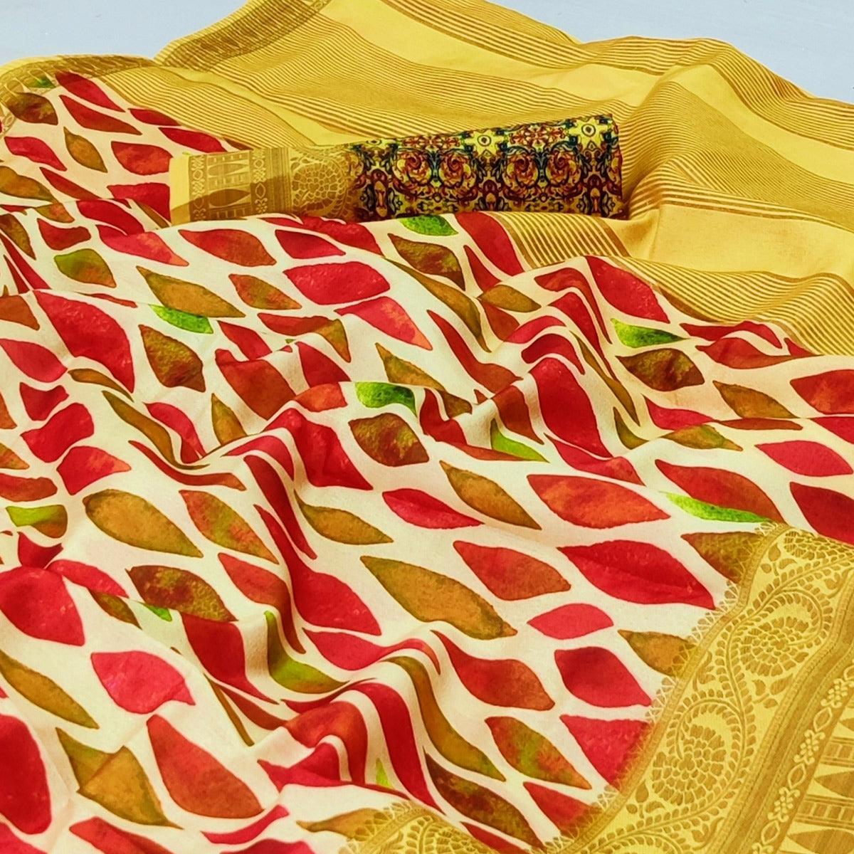 Cream Digital Printed Dola Silk Saree - Peachmode