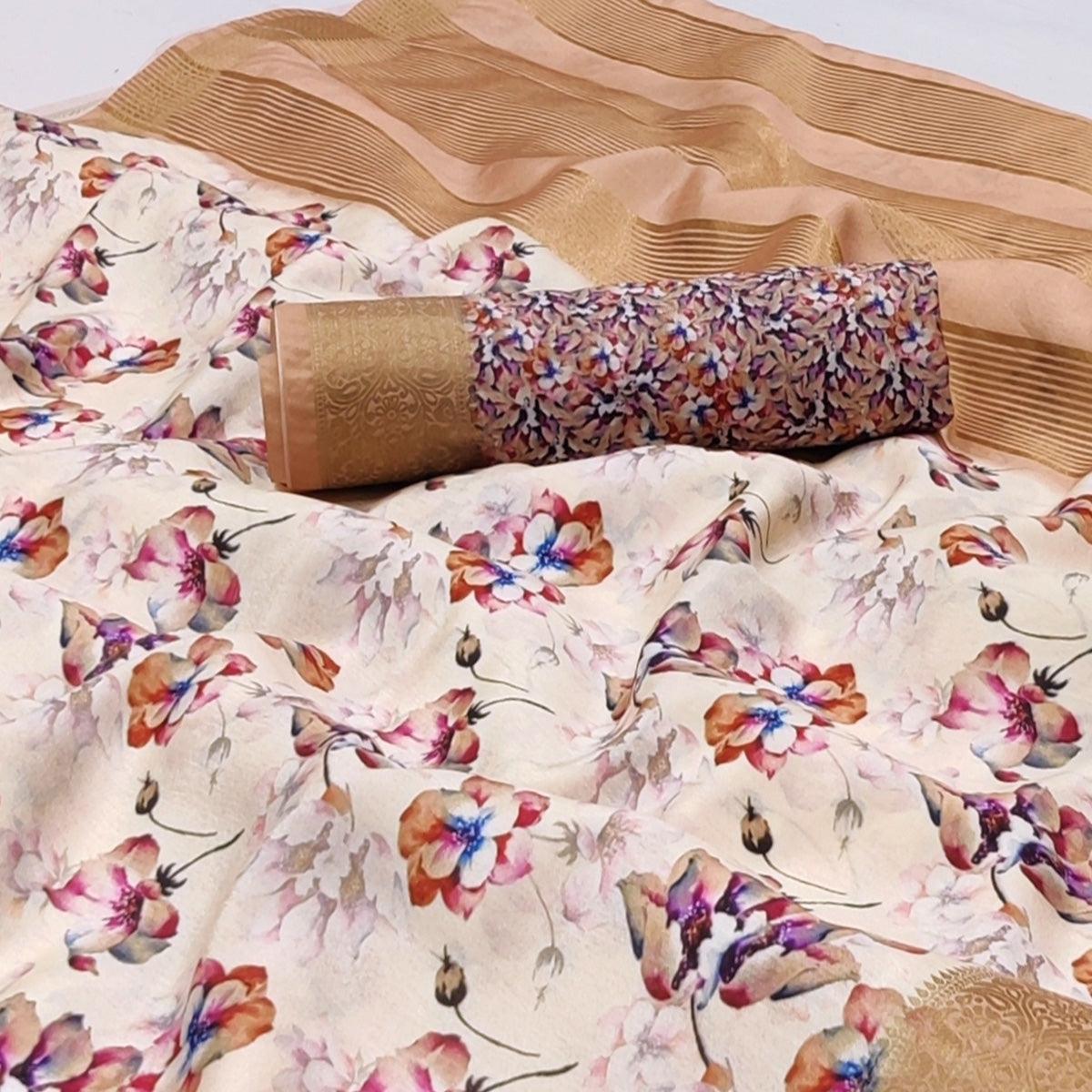 Cream Digital Printed Dola Silk Saree - Peachmode