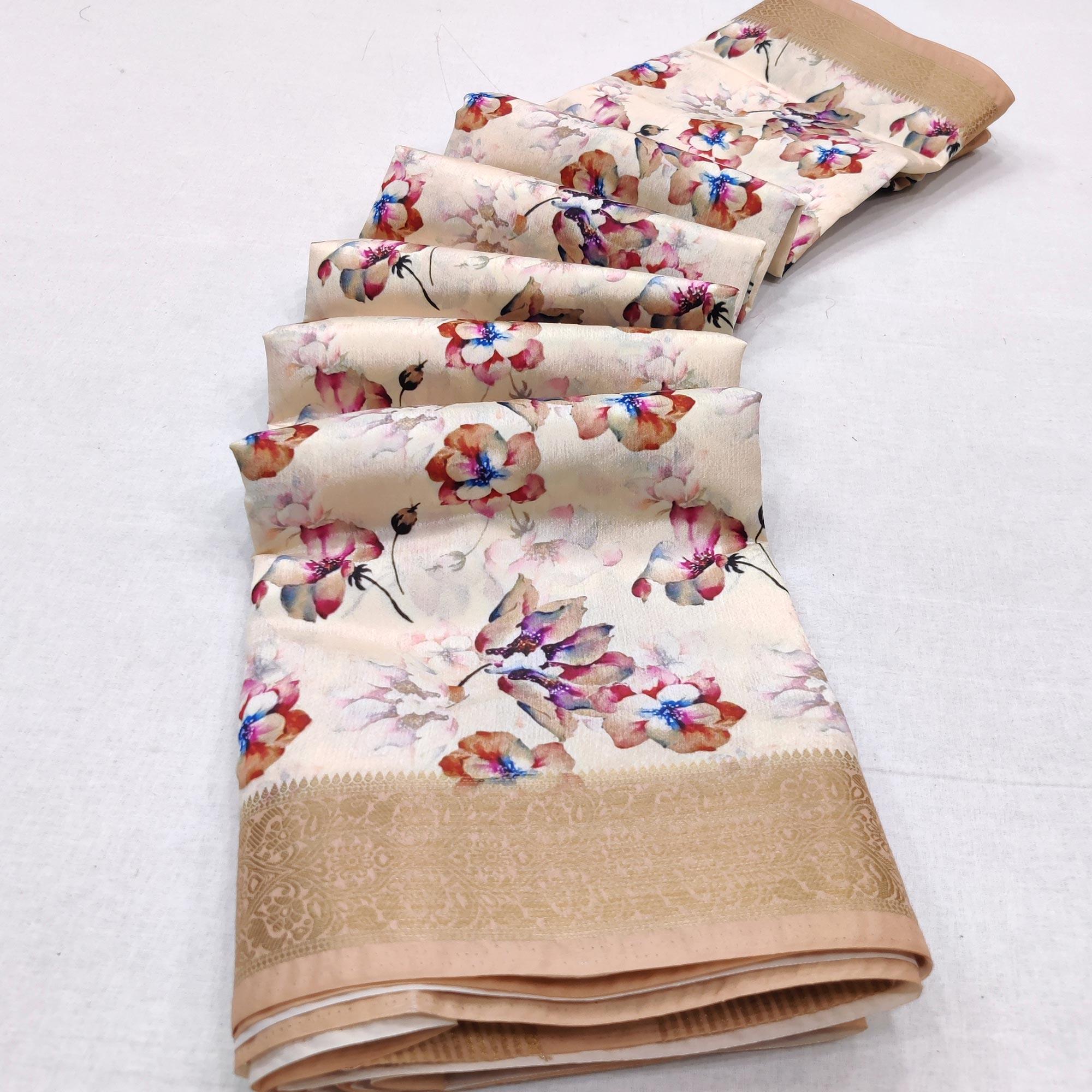 Cream Digital Printed Dola Silk Saree - Peachmode