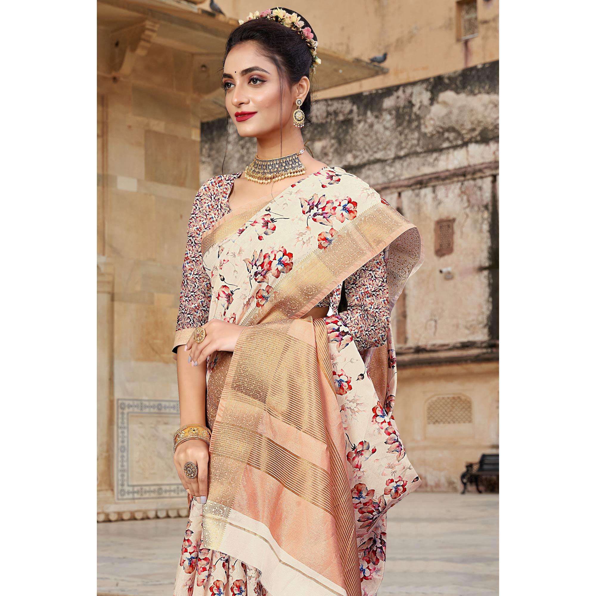 Cream Digital Printed Dola Silk Saree - Peachmode