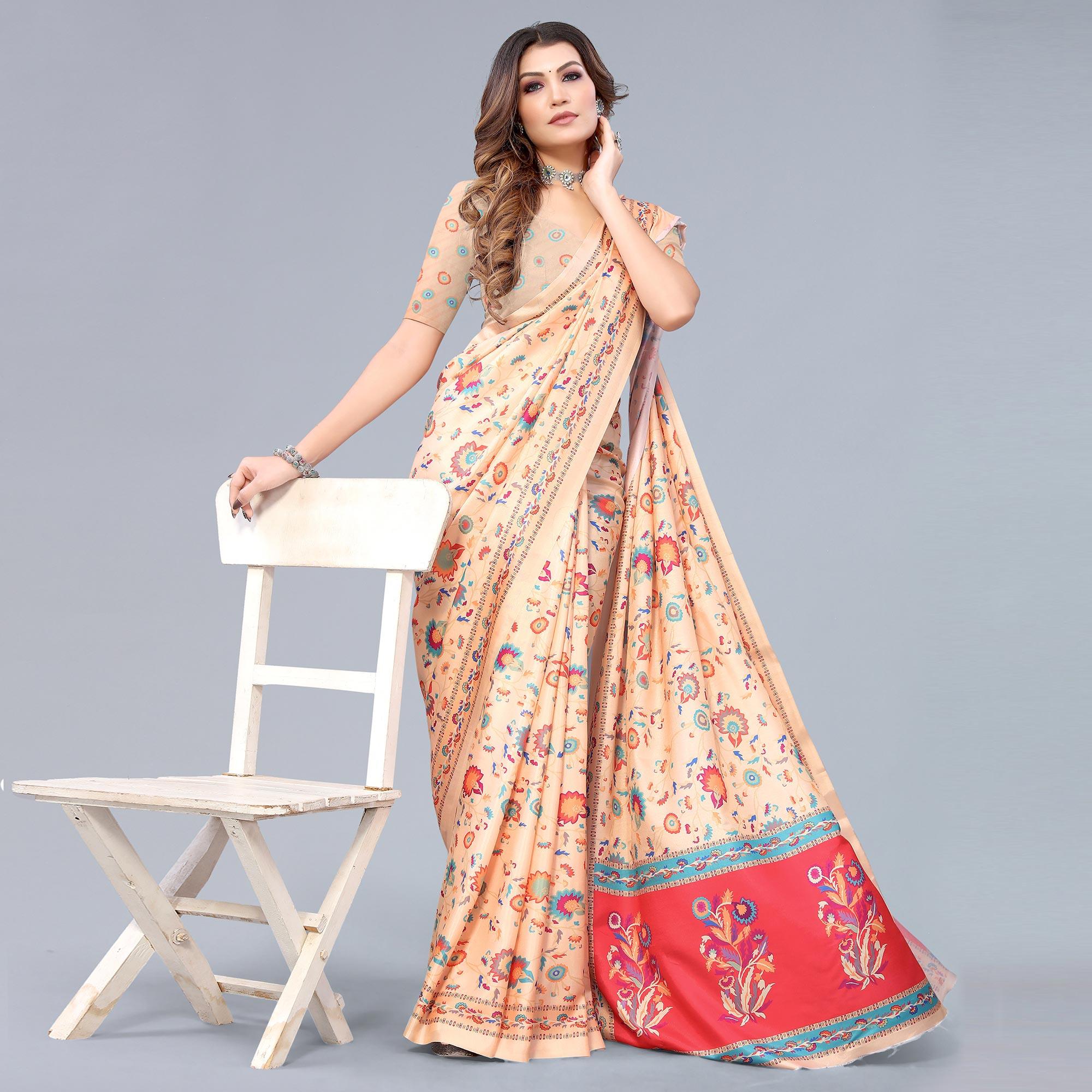 Cream Digital Printed Dola Silk Saree - Peachmode