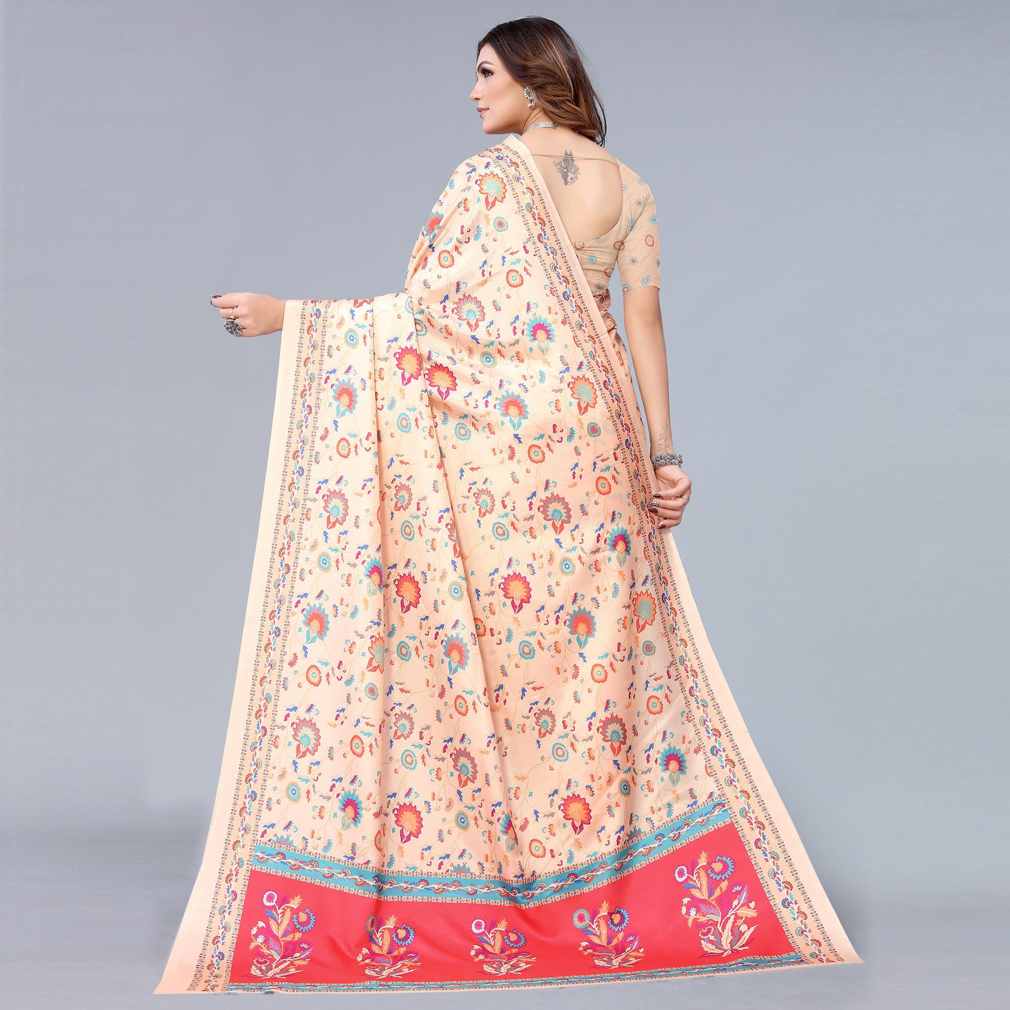 Cream Digital Printed Dola Silk Saree - Peachmode