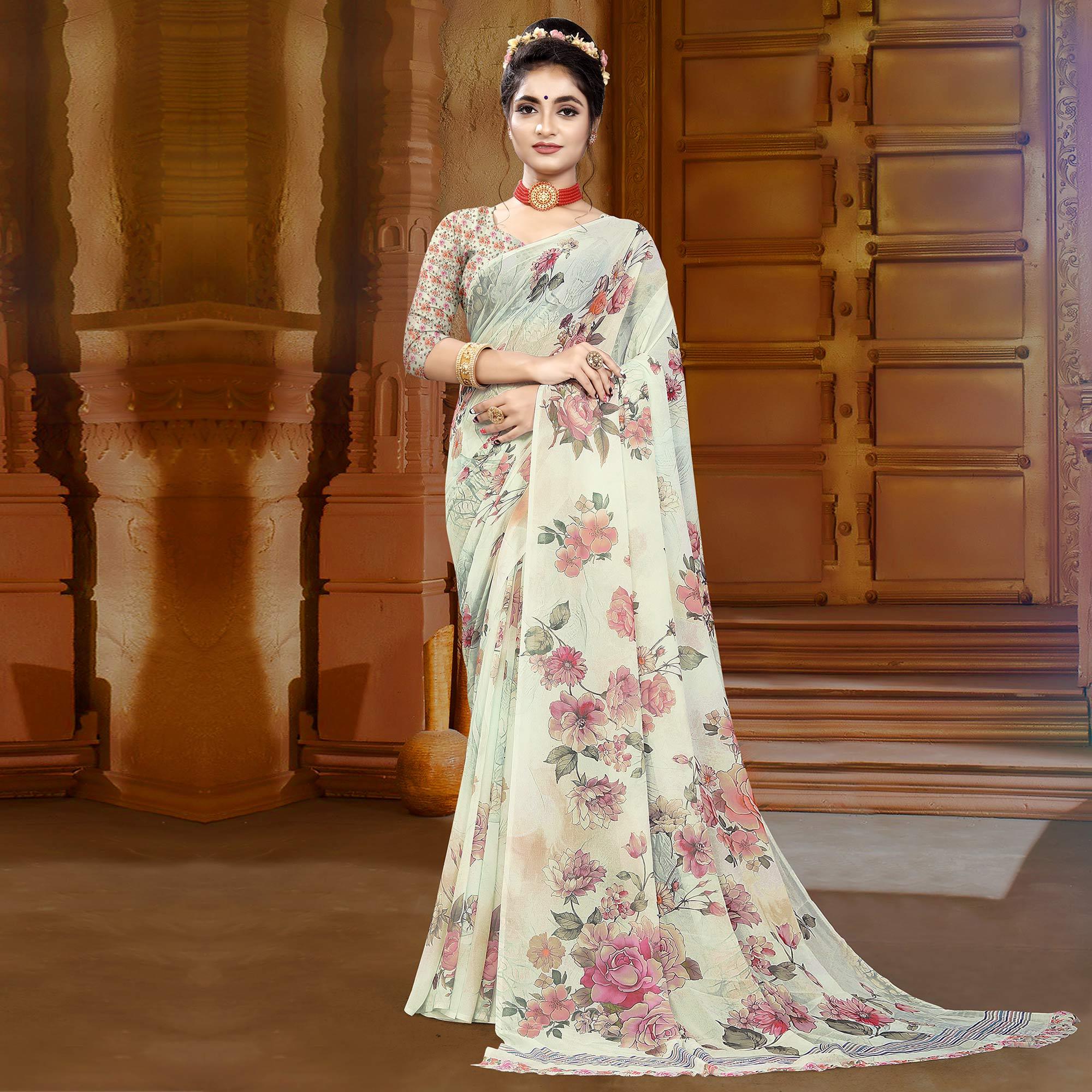 Cream Digital Printed Georgette Saree - Peachmode
