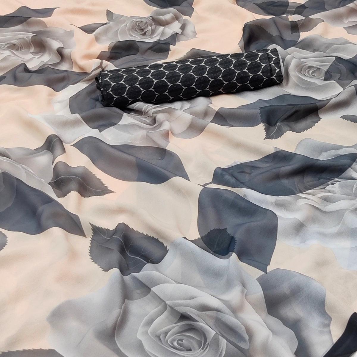 Cream Digital Printed Georgette Saree - Peachmode