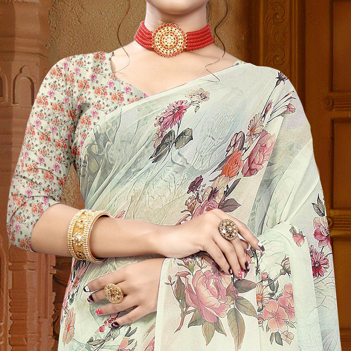 Cream Digital Printed Georgette Saree - Peachmode