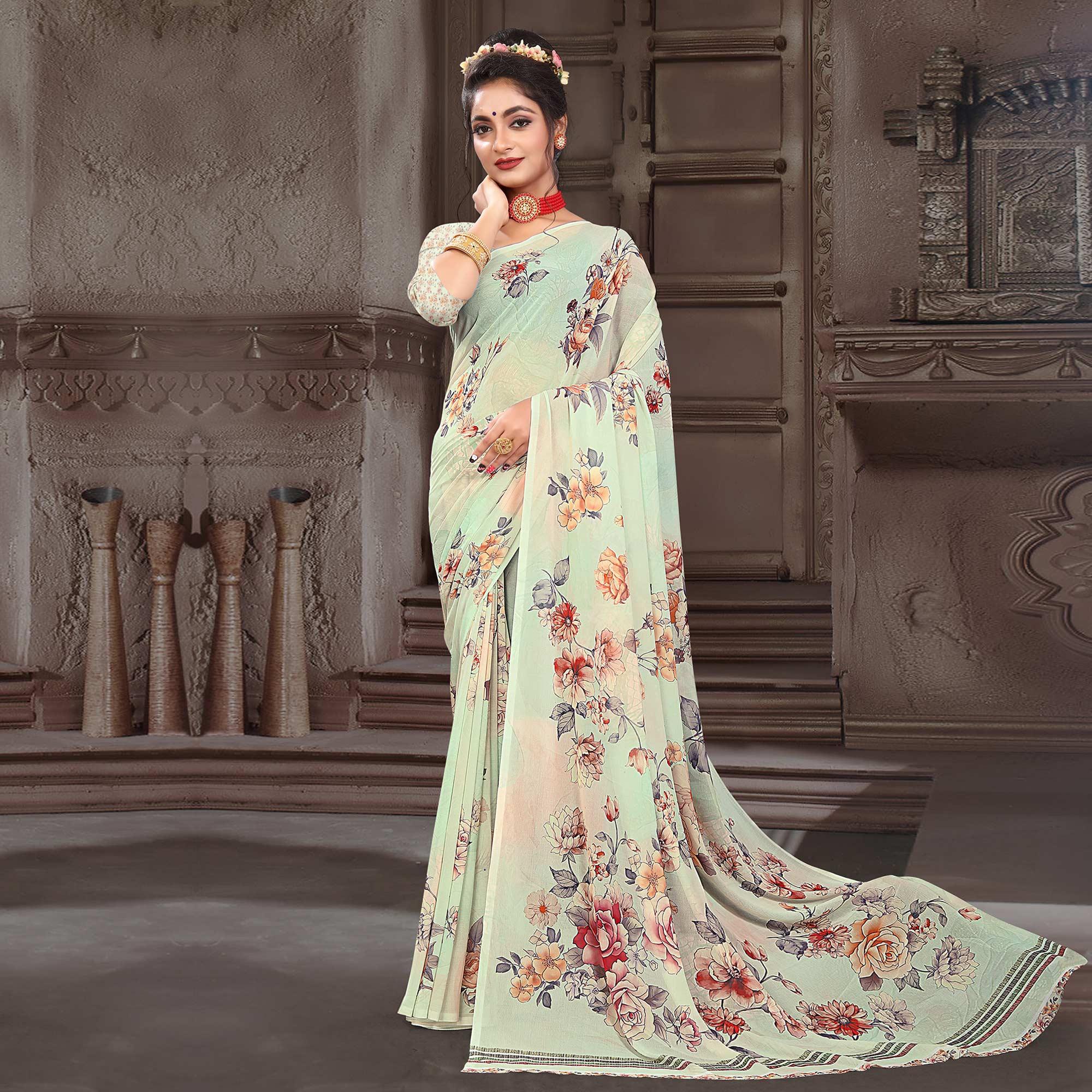 Cream Digital Printed Georgette Saree - Peachmode