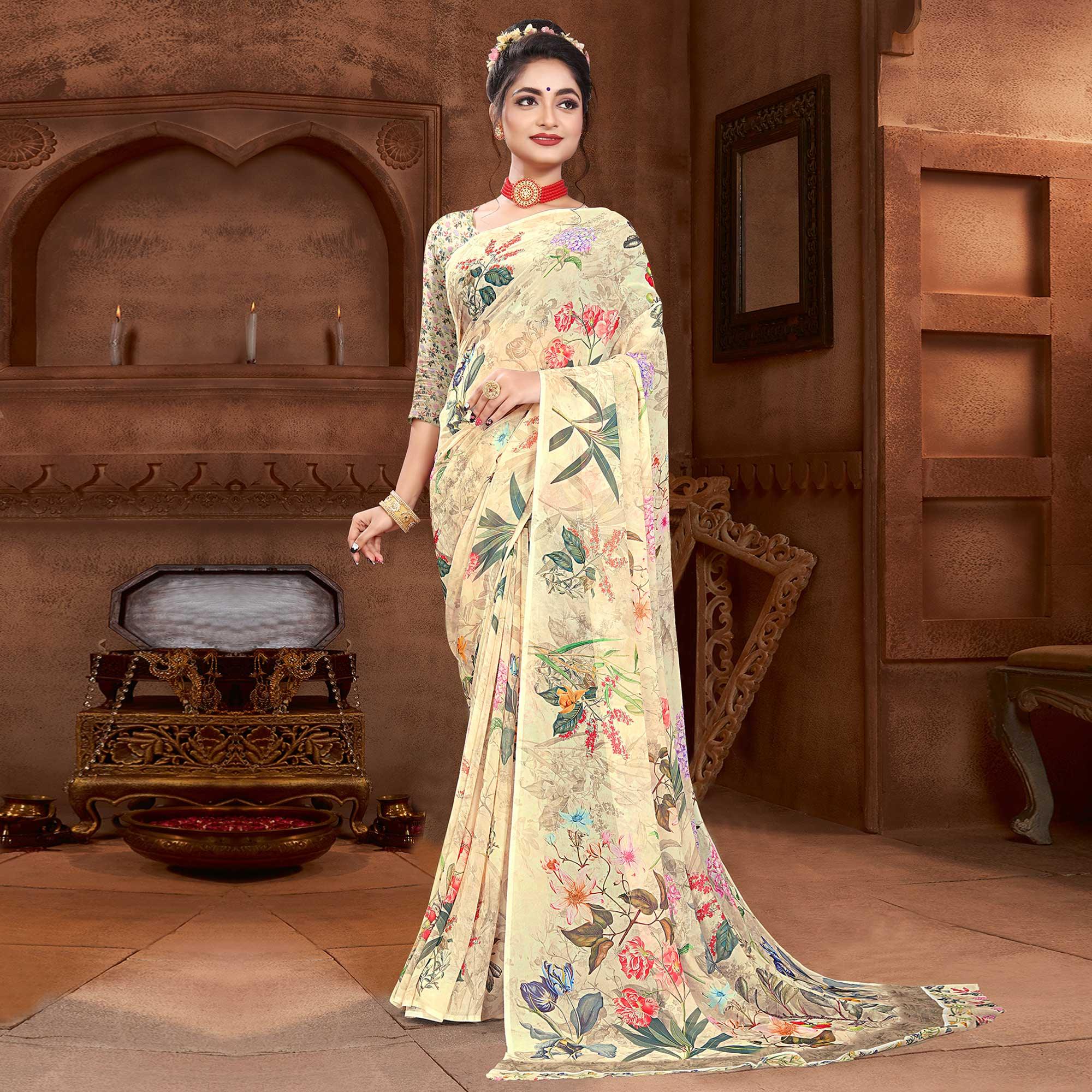 Cream Digital Printed Georgette Saree - Peachmode